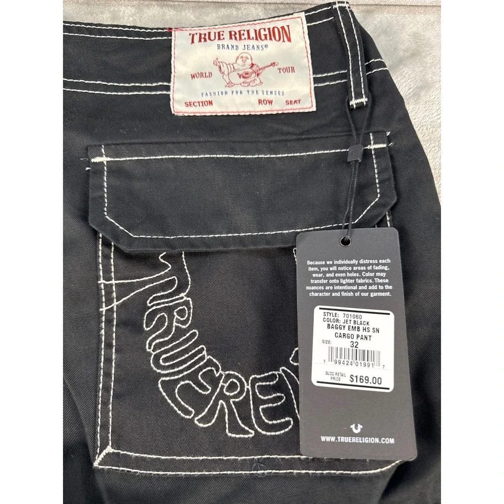 True Religion Cargo Pant Mens 32 Baggy Emb HS SN Jet Black Contrast Stitch NEW